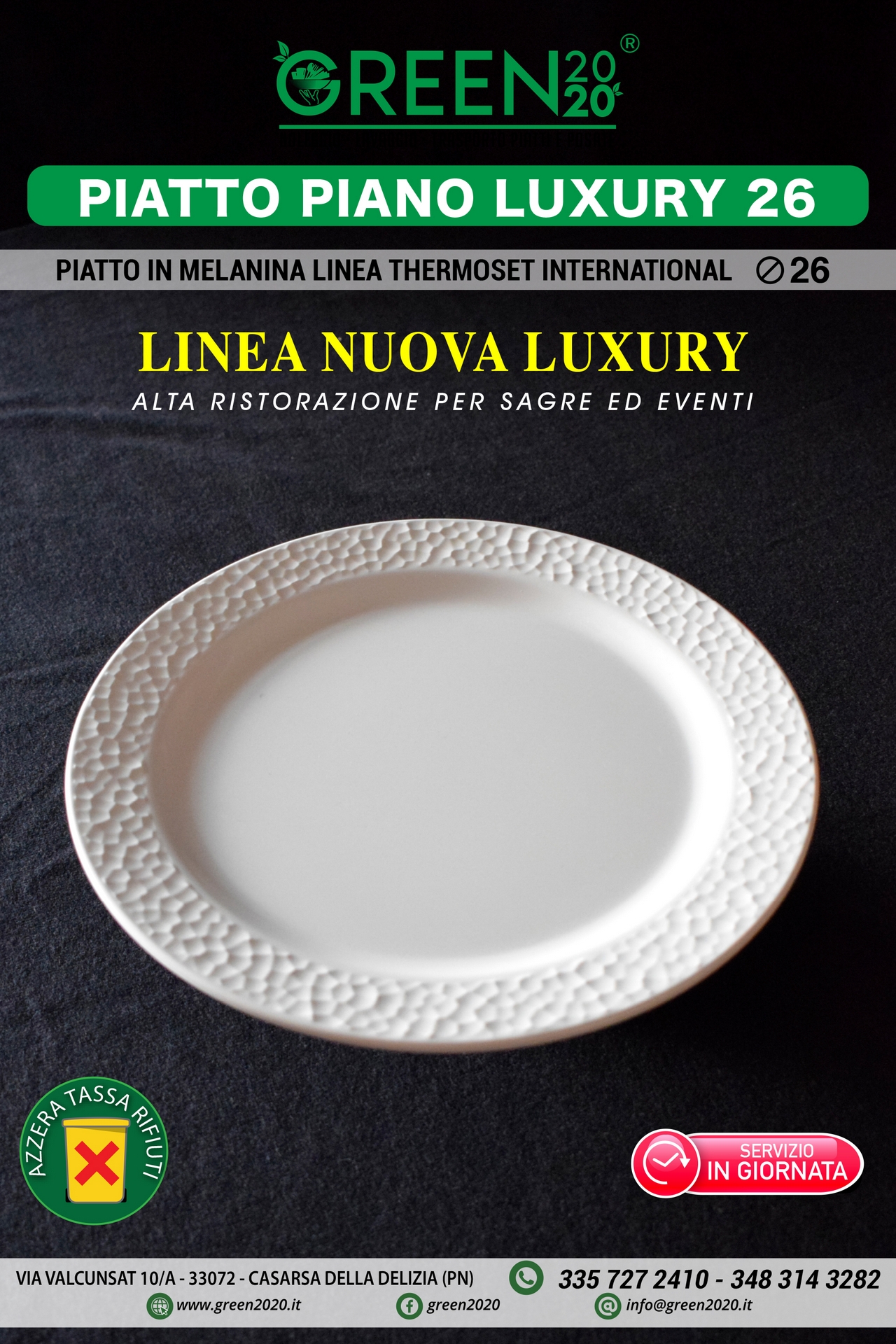 Piatto piano Luxury 26 in melamina per noleggio eventi e catering